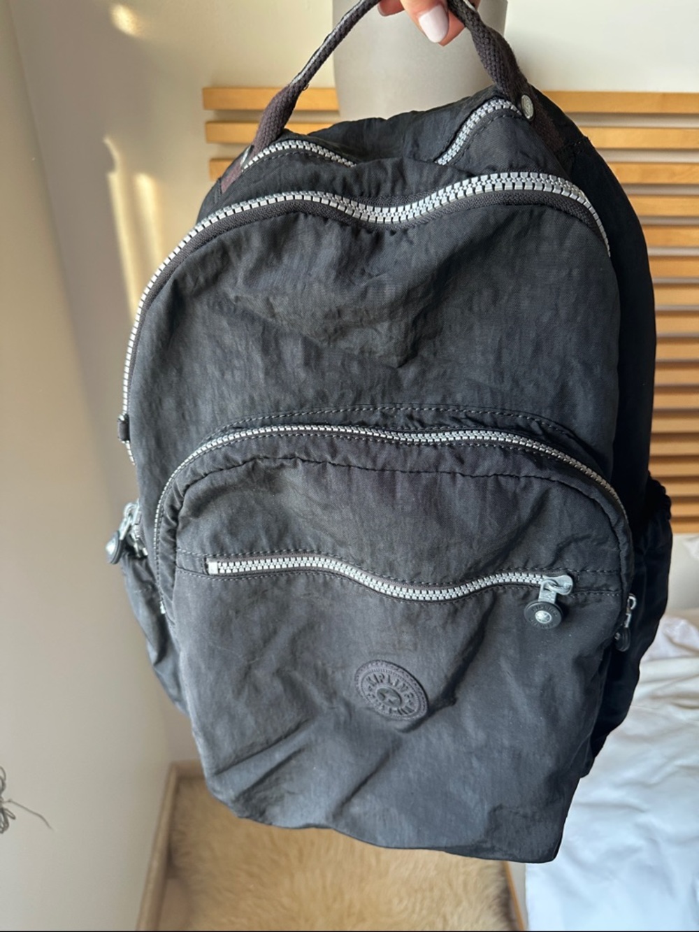 Kipling Black Nylon Backpack with Silver Zippers